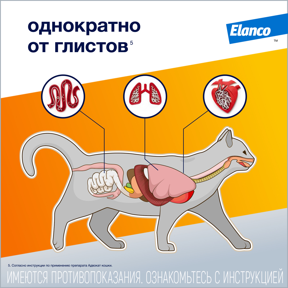 Капли для кошек ELANCO Адвокат от чесоточных клещей, блох и гельминтов (до 4кг веса) 0,4мл,1 пип.в уп