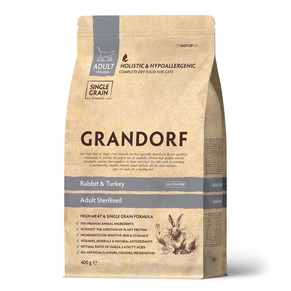 Корм для кошек GRANDORF для стерилизованных, кролик с индейкой сух.