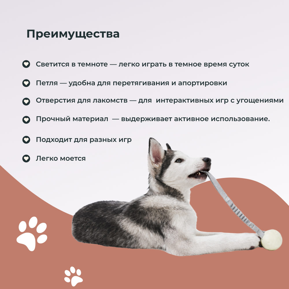 Игрушка для собак FOXIE Тяни-толкай Мяч светящ.в темноте, с петлей и отверстиями для лакомств 5х35см