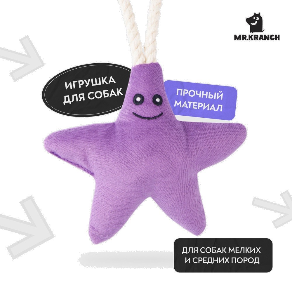 Игрушка для собак MR.KRANCH Звездочка с канатом и пищалкой для мелк.и ср.пород,26х16х5см, фиолетовая