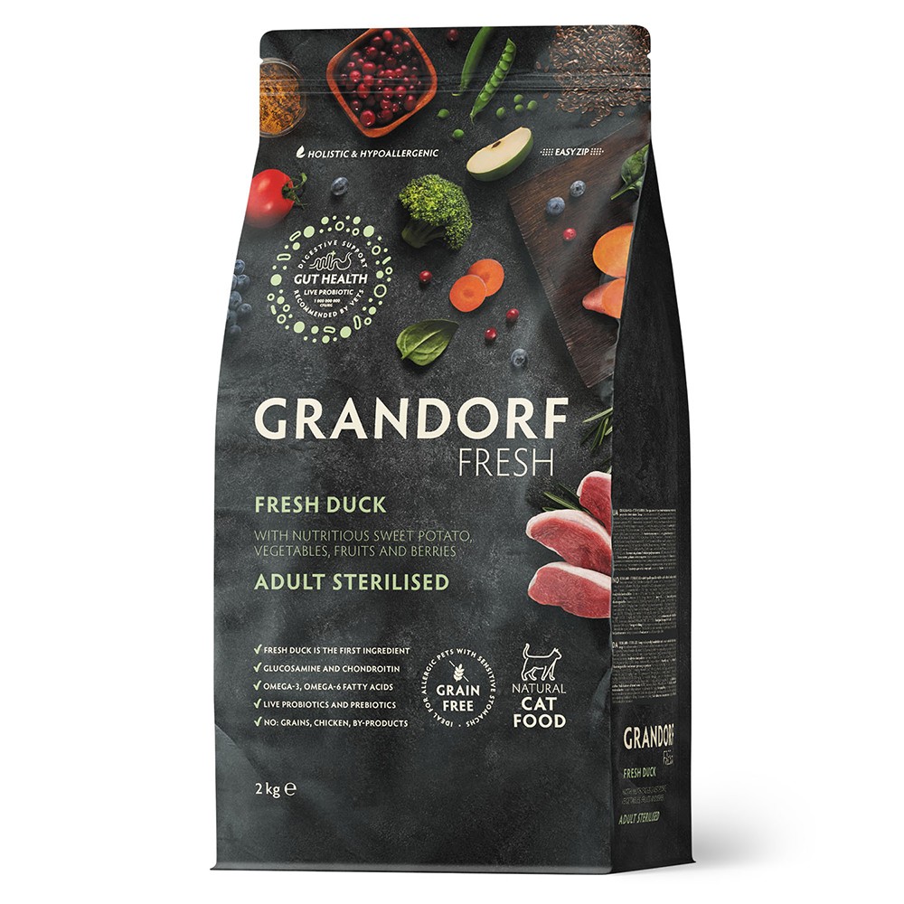 Беззерновой корм с живыми пробиотиками для кошек GRANDORF Fresh Cat Sterilised для стерилиз., свежее мясо утки с бататом сух.