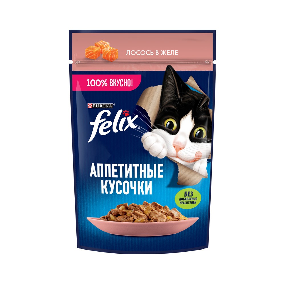 Корм для кошек FELIX Аппетитные кусочки для кошек, с лососем в желе пауч