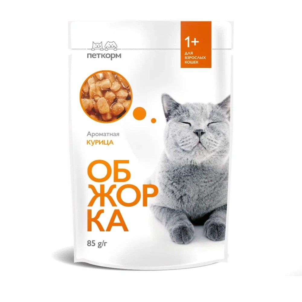 Корм для кошек ОБЖОРКА кусочки в желе с курицей пауч