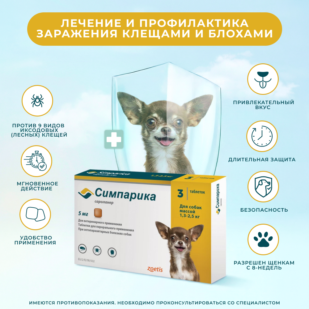 Таблетки для собак ZOETIS Симпарика от блох и клещей (1,3-2,5кг) 5мг, 3 таб на 105 дн.