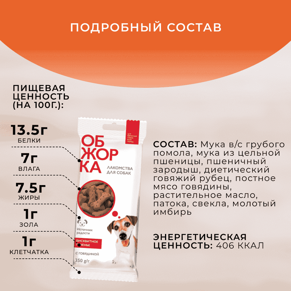 Лакомство для собак ОБЖОРКА Печенье бисквитное с говядиной