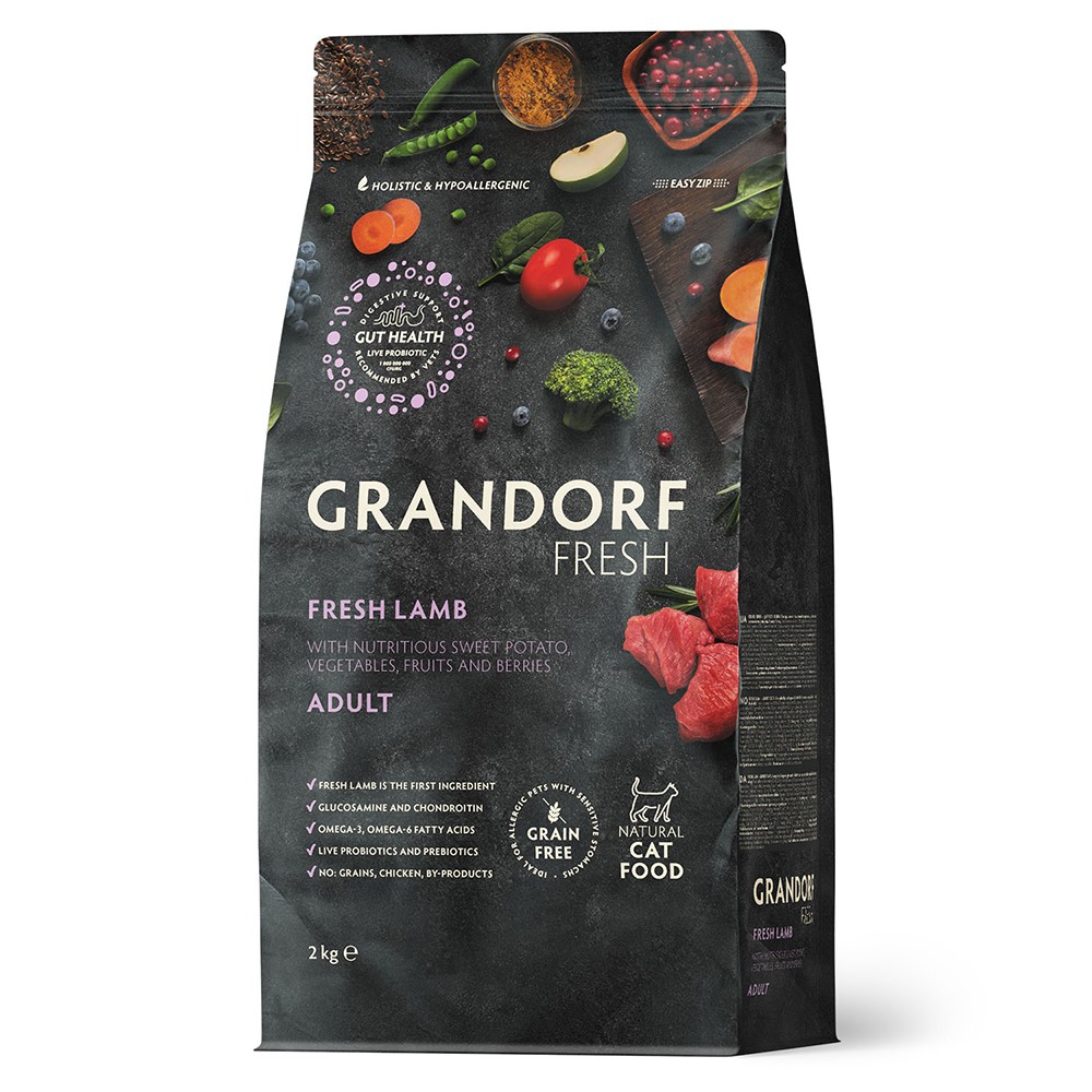 Беззерновой корм с живыми пробиотиками для кошек GRANDORF Fresh Cat Свежее мясо ягненка с бататом сух.