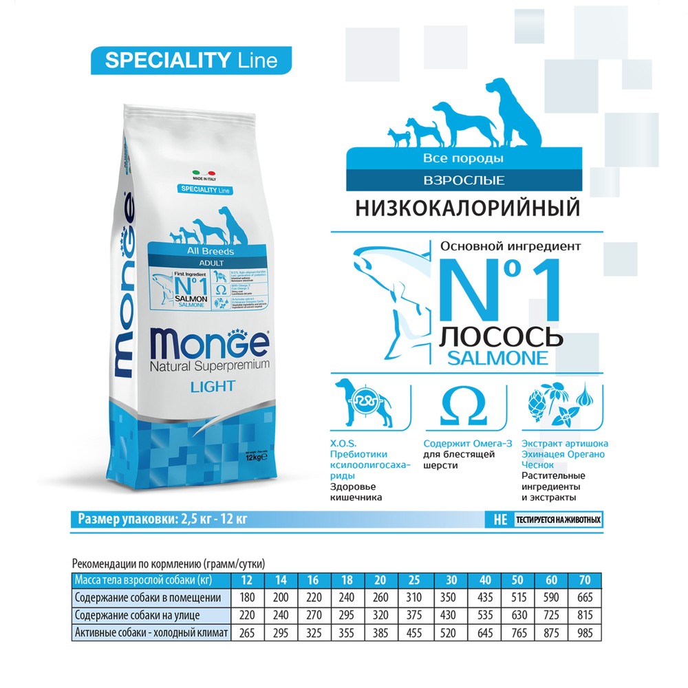 Корм для собак MONGE Dog Speciality Light низкоколорийный, лосось с рисом сух.