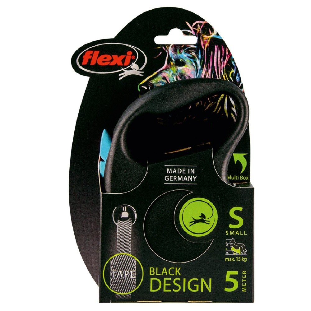 Рулетка для собак FLEXI Black Design S (до 15кг) 5м лента черный/синий