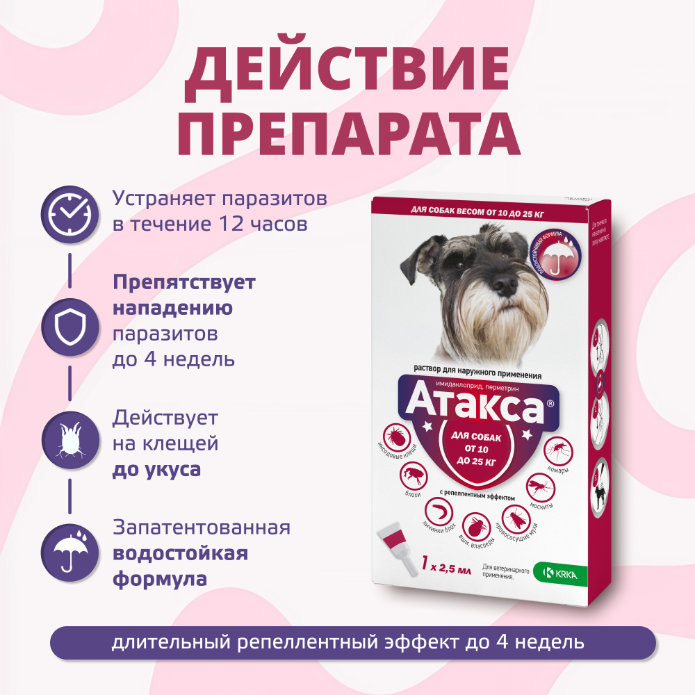 Капли для собак KRKA Атакса от иксодовых клещей, блох, вшей, власоедов (10-25кг веса) 2,5мл