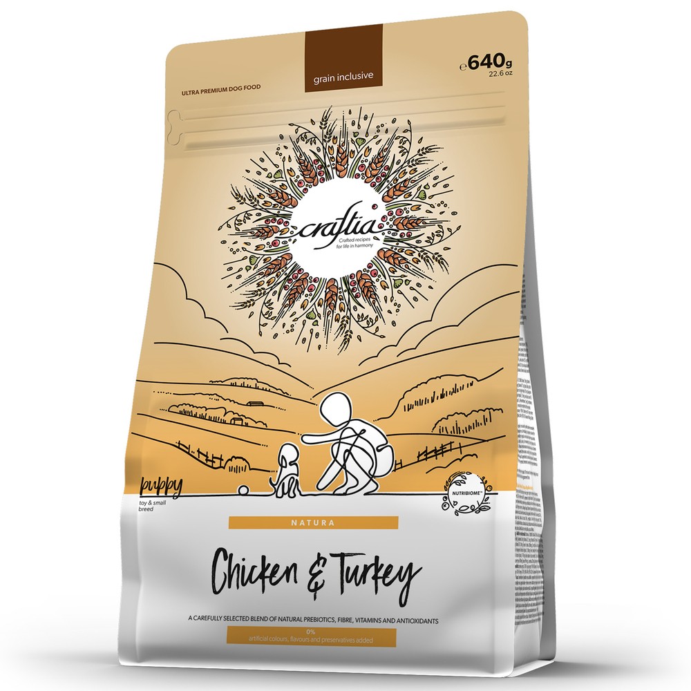 Корм для щенков CRAFTIA Natura для миниатюрных и мелких пород, из курицы и индейки сух.
