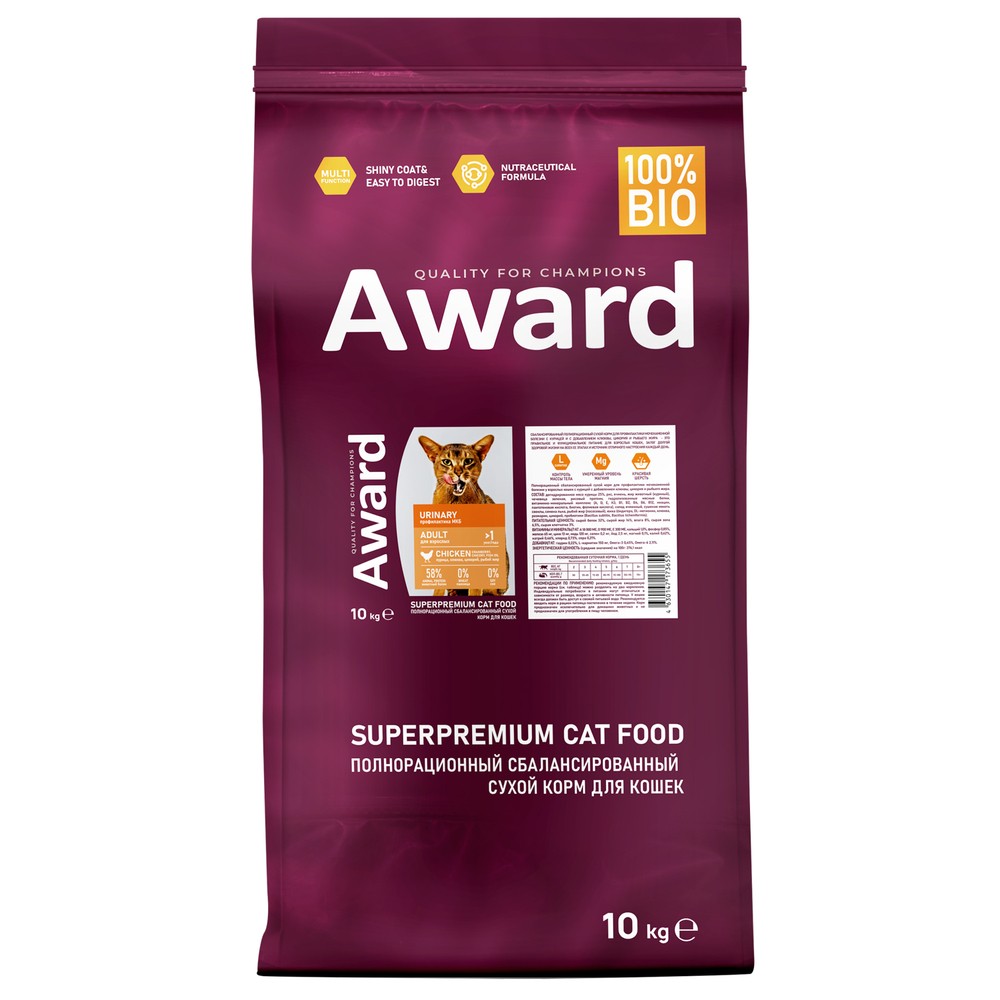 Корм для кошек AWARD для профил.мочекам.болезни, курица с доб.клюквы, цикория и рыб.жира сух.