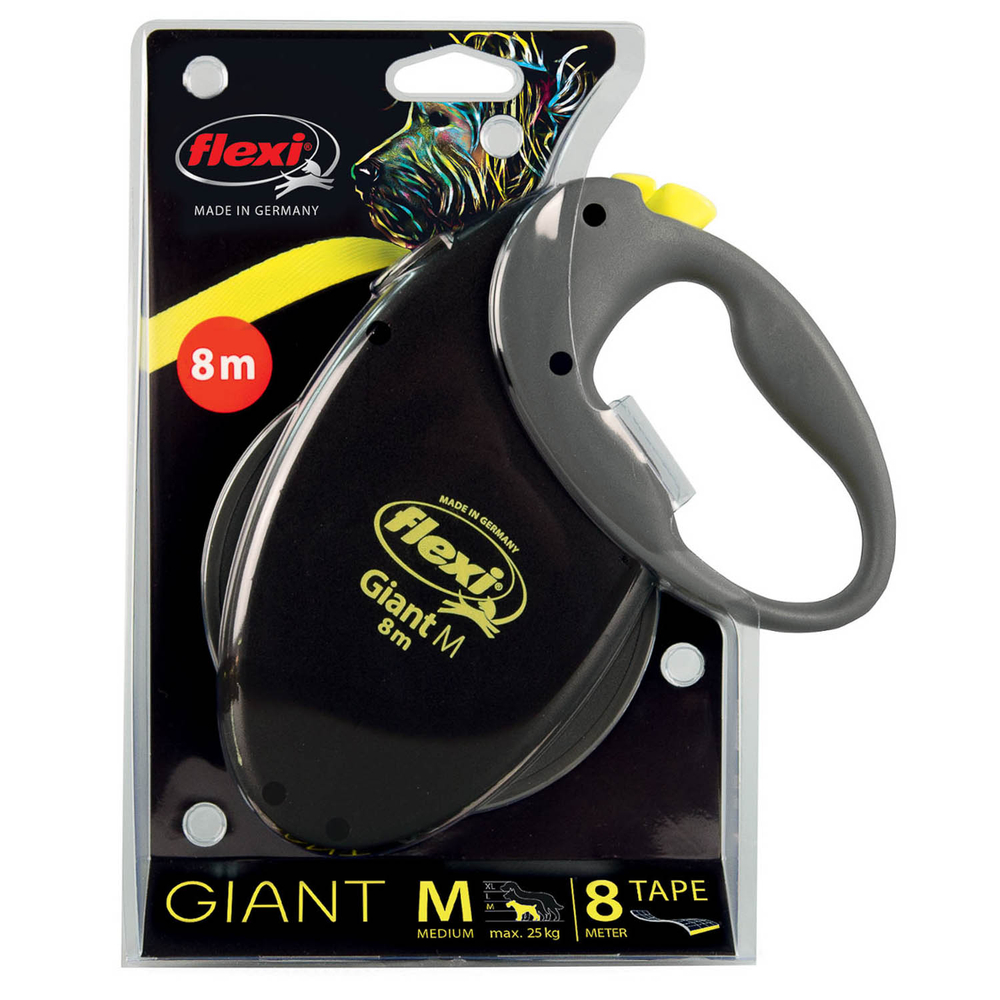 Рулетка для собак FLEXI Giant Neon M (до 25кг) лента 8м, светоотражающая, желтый неон