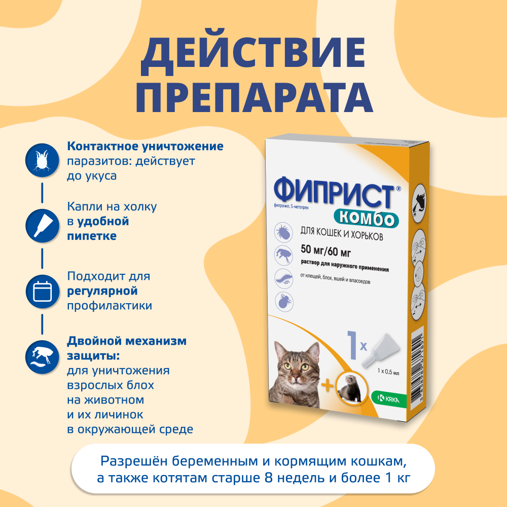 Капли для кошек, хорьков KRKA Фиприст Комбо от клещей и усиленным действием против блох 0,5мл, 1 пипетка