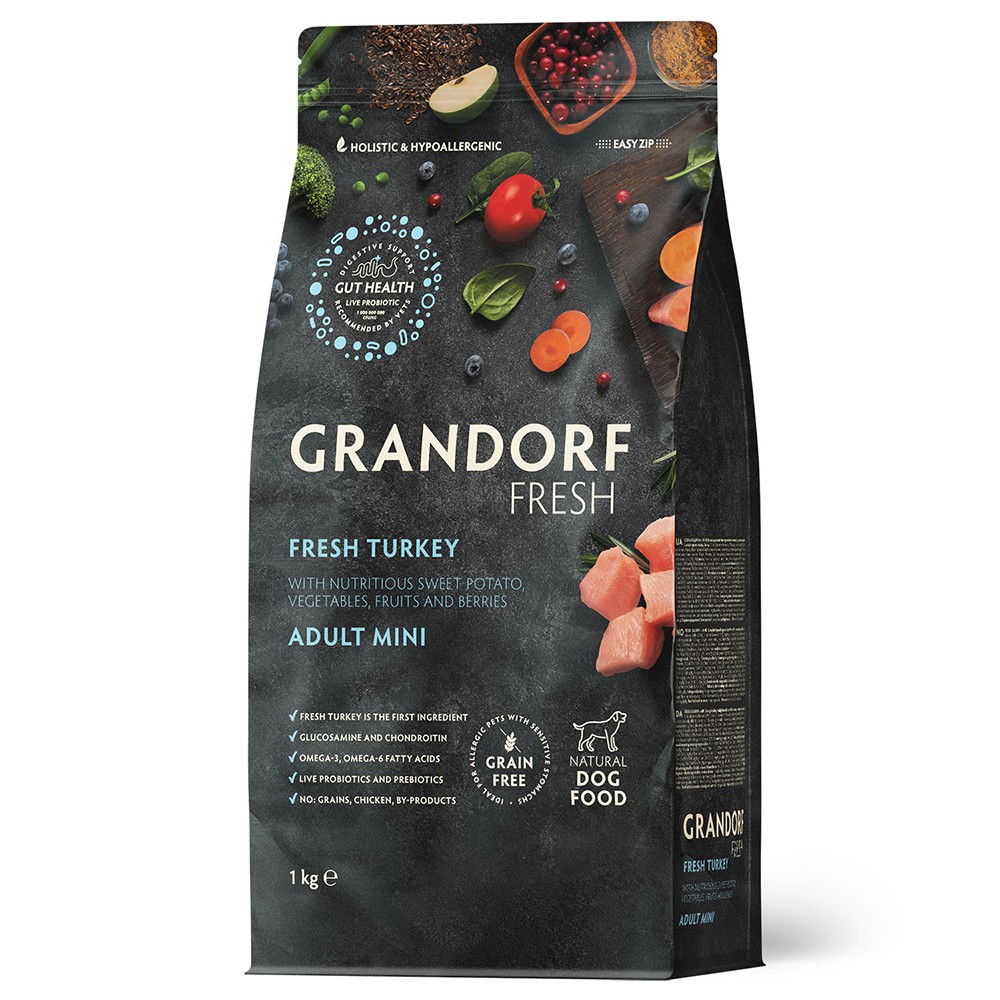 Беззерновой корм с живыми пробиотиками для собак GRANDORF Fresh Dog Mini свежее мясо индейки с бататом для мелких пород сух.