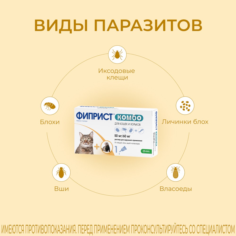 Капли для кошек, хорьков KRKA Фиприст Комбо от клещей и усиленным действием против блох 0,5мл, 1 пипетка