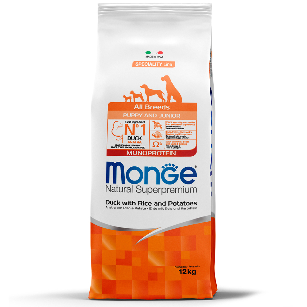 Корм для щенков MONGE Dog Speciality Line Monoprotein из утки с рисом и картофелем сух.