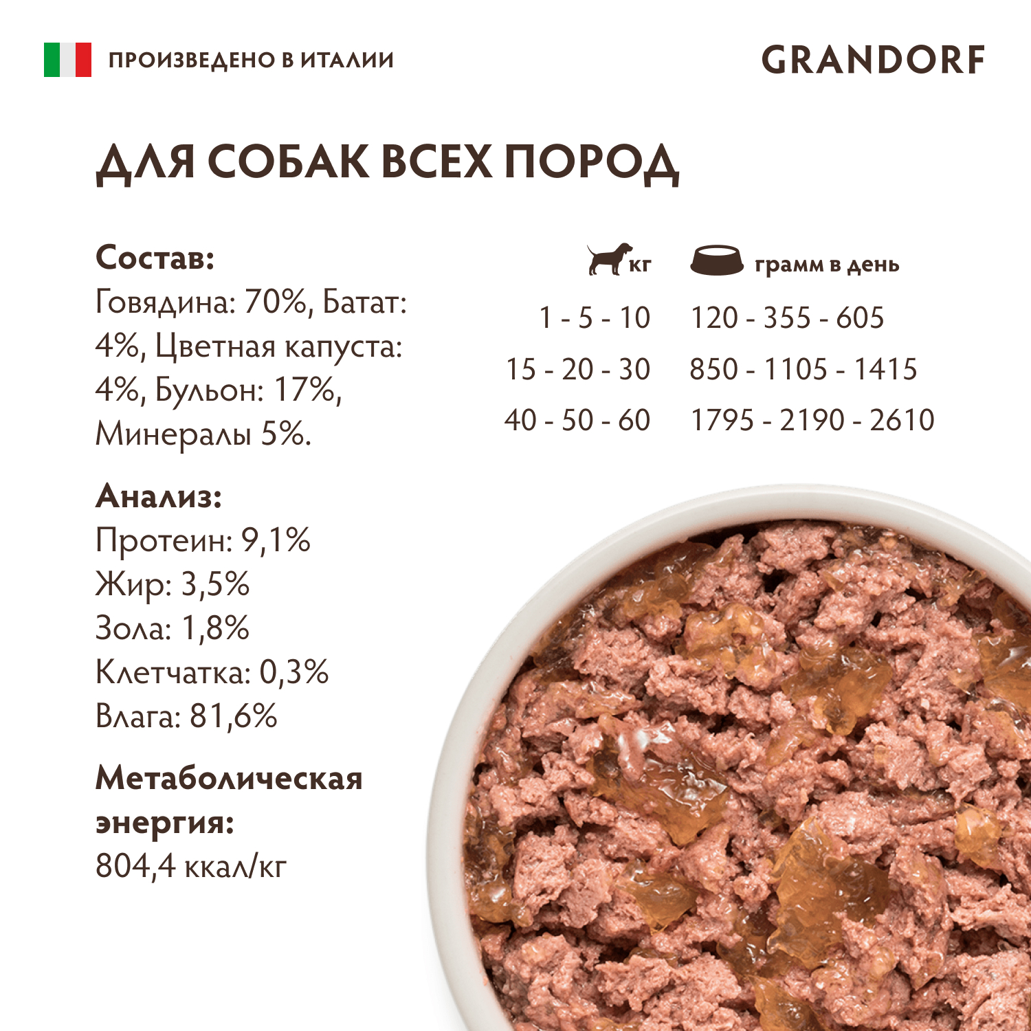 Корм для собак GRANDORF Паштет из говядины с бататом и цветной капустой банка