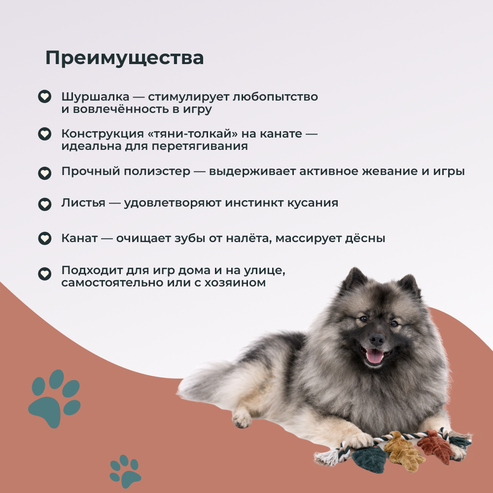 Игрушка для собак FOXIE Тяни-толкай Листья на канате, с шуршалкой 30х14х1,5см