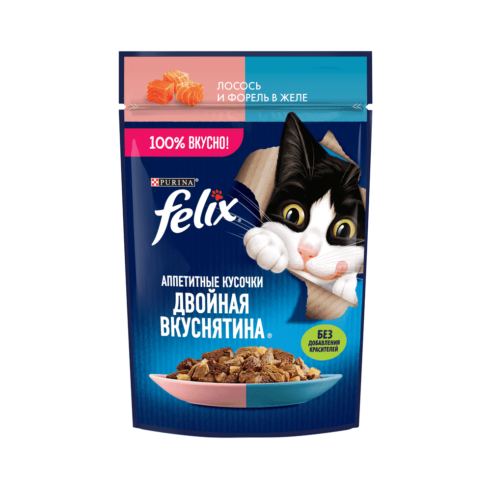 Корм для кошек FELIX Двойная Вкуснятина с лососем и форелью в желе пауч