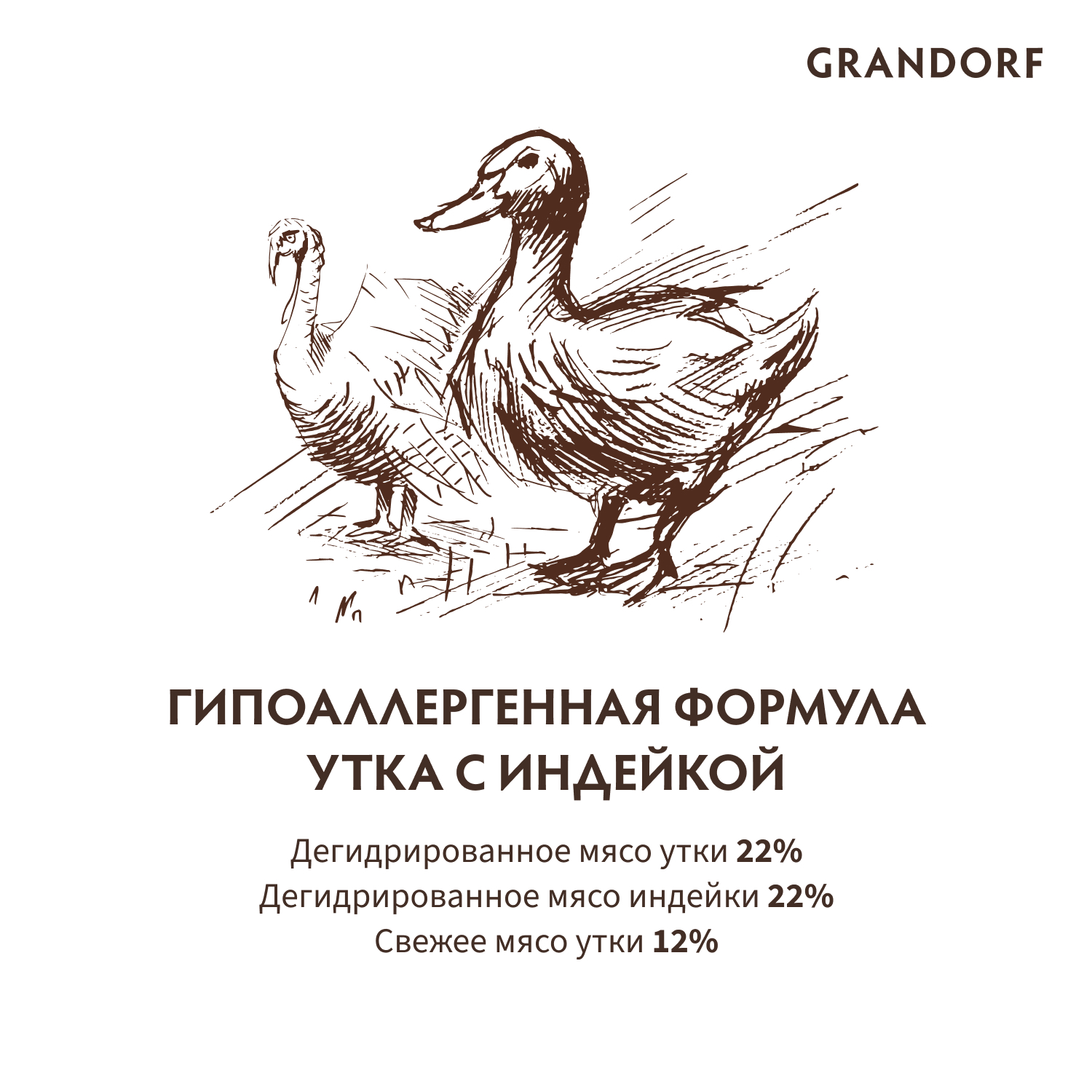 Корм для собак GRANDORF для средних и крупных пород, утка с индейкой сух.