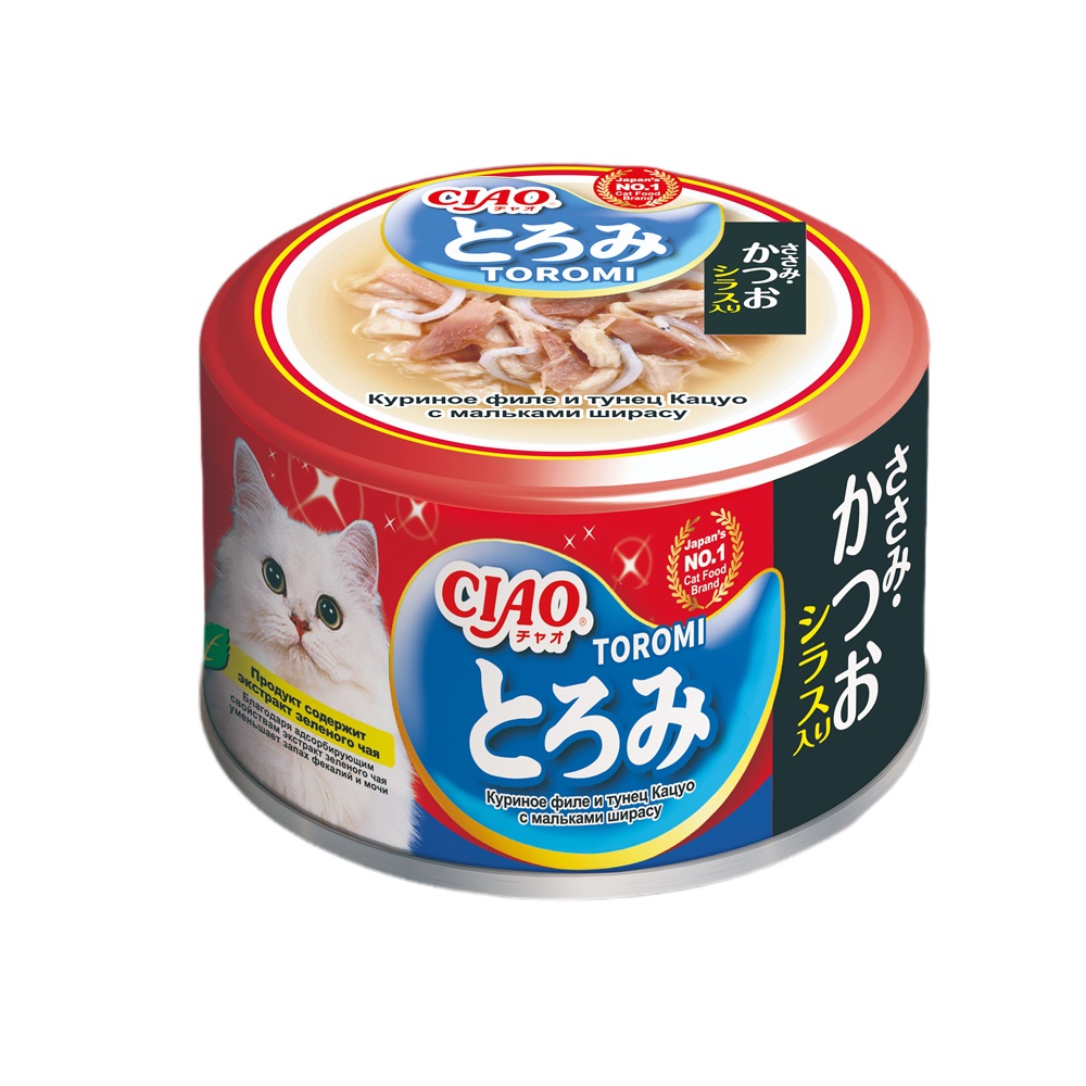 Корм для кошек INABA Ciao Toromi куриное филе с тунцом Кацуо и мальками ширасу в бульоне банка