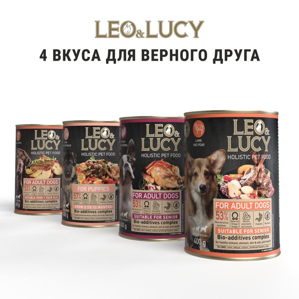 Корм для собак LEO&LUCY паштет с ягненком, грушей и биодобавками, подходит пожилым банка