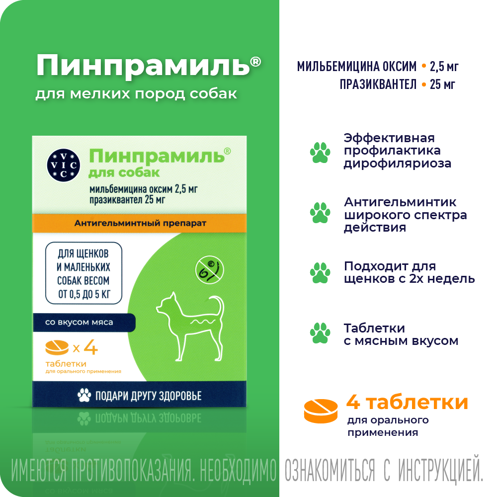 Антигельминтик VIC Пинпрамиль для щенков и собак от 0,5 кг до 5кг, 4 таб.