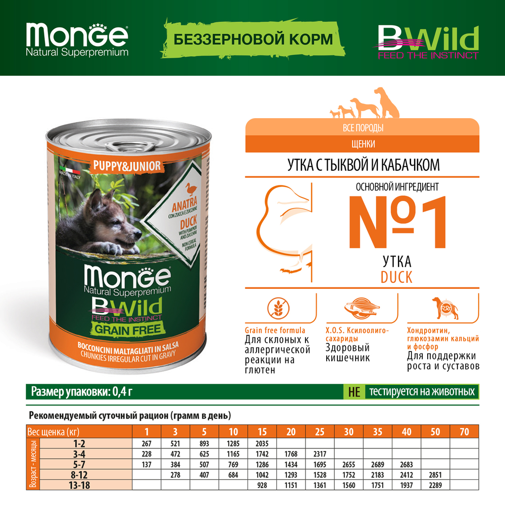 Корм для для щенков и беременных собак MONGE BWild Grain Free утка с тыквой и кабачками банка