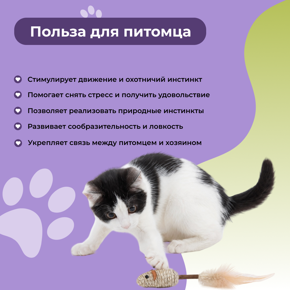 Игрушка для кошек FOXIE Naturalness Плетеная мышка на палочке с перьями и мататаби 20х3см