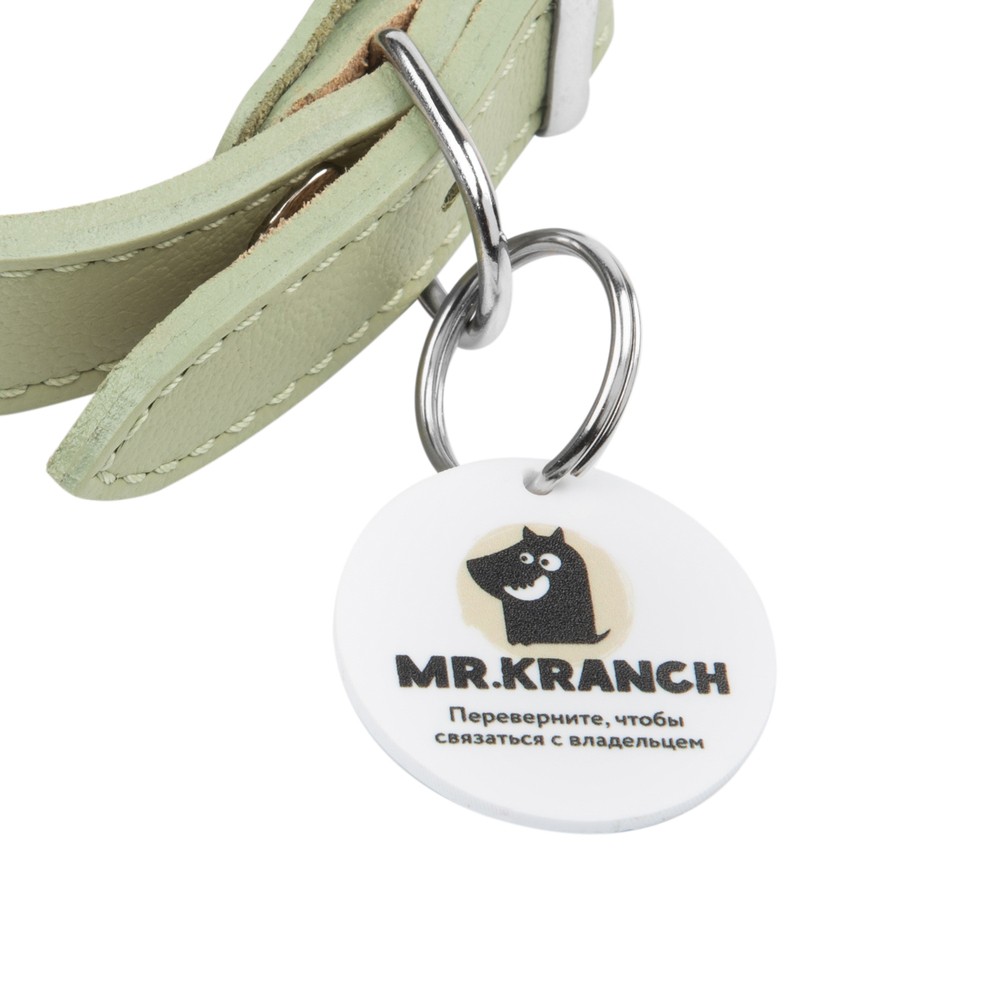 Ошейник для собак MR.KRANCH из натуральной кожи с QR-адресником, нежно-зеленый 22-26см