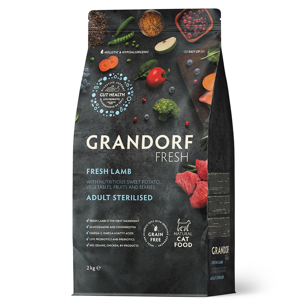 Беззерновой корм с живыми пробиотиками для кошек GRANDORF Fresh Cat Sterilised для стерилиз., свежее мясо ягненка с бататом сух.