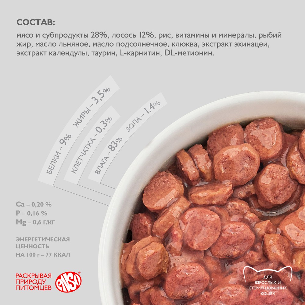 Корм для кошек ENSO кусочки в соусе с лососем пауч