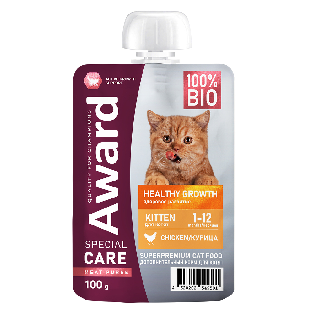 Корм для котят от 1 месяца AWARD Special Care дополнит. пюре из мяса курицы пауч