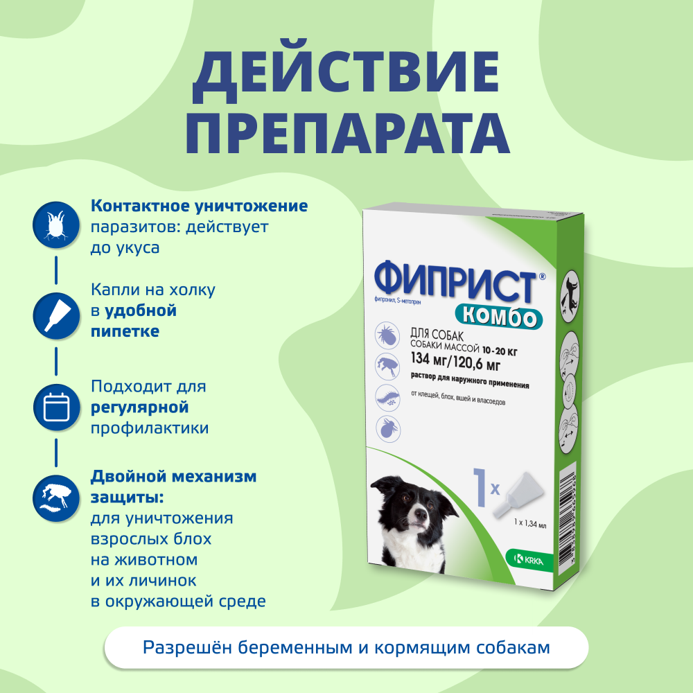 Капли для собак KRKA Фиприст Комбо от клещей и усиленным действием против блох (10-20кг) 1,34мл, 1 пипетка